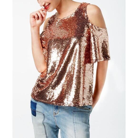 INC Petite Sequined Cold-Shoulder Top Shimmery Rose Gold PM - Picture 1 of 2